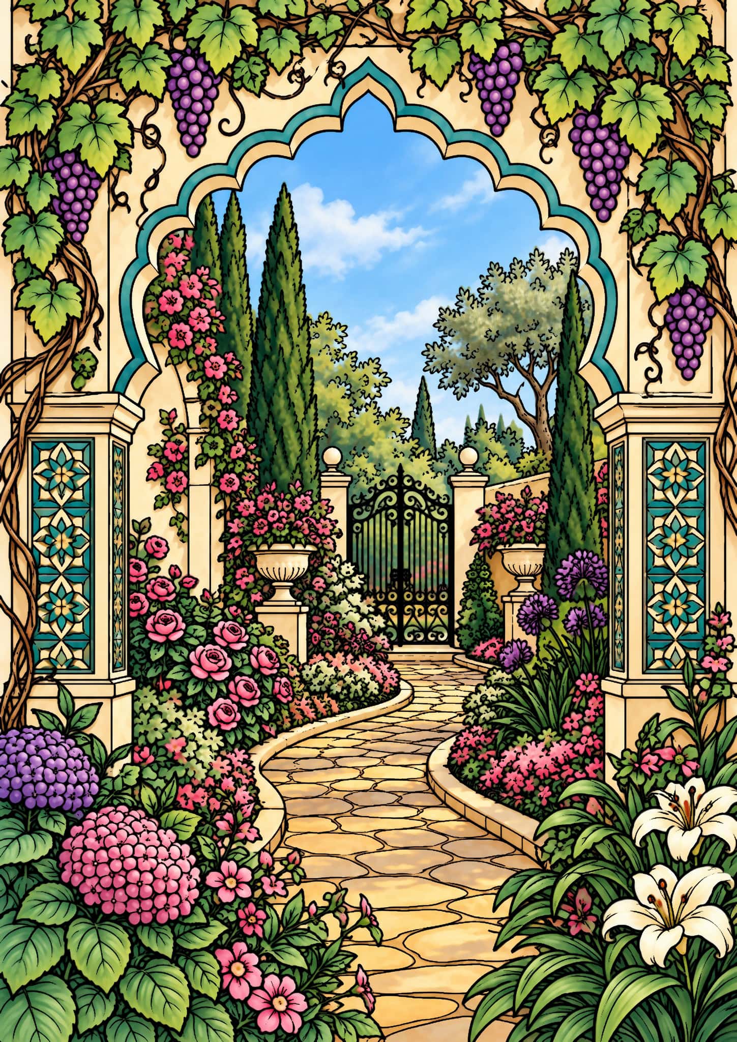 Colored vine garden arch example with purple grapes, green leaves, a gold-and-teal arch, bright flowers and a dark garden gate.