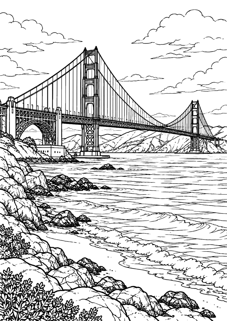 Black-and-white Golden Gate Bridge coast coloring page with bridge cables, a rocky beach, surf, hills and clouds.