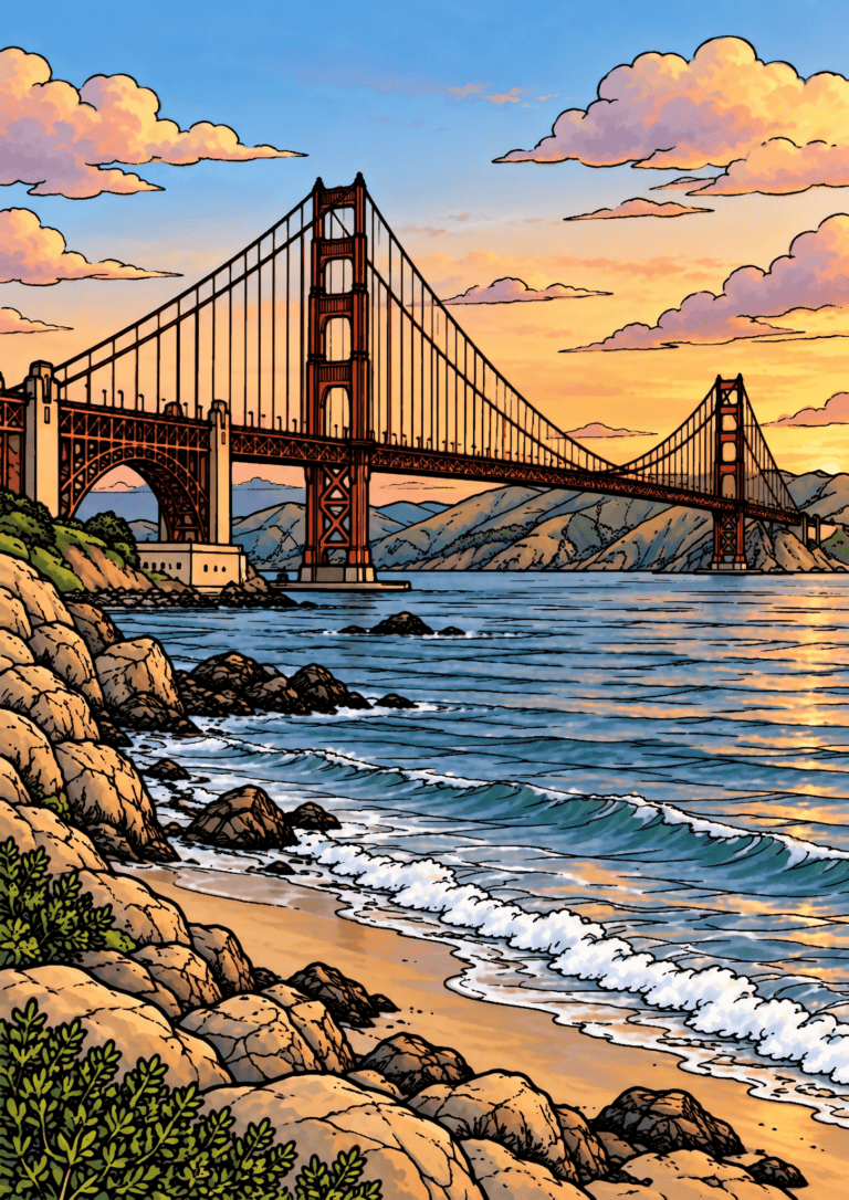 Colored Golden Gate coast example with a red-orange bridge, blue sea, tan rocks and a peach-lavender sky.