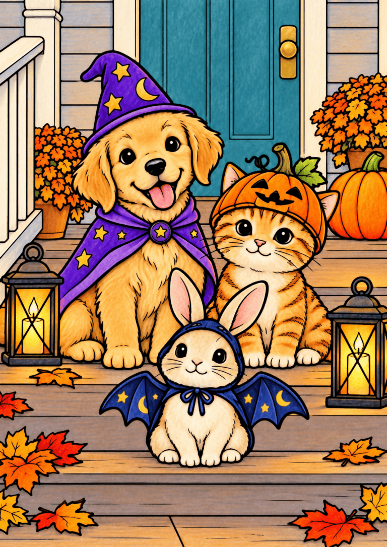 Colored Halloween pets example with a golden dog in purple, an orange cat in a pumpkin hood and a rabbit with blue bat wings.