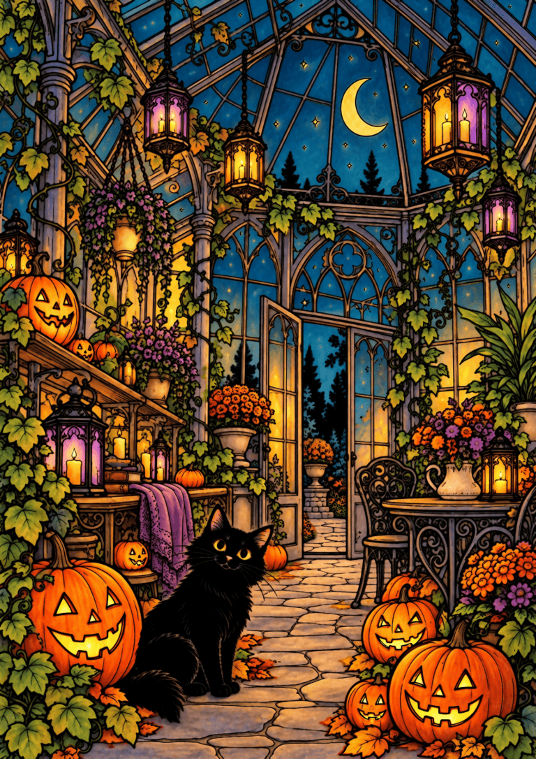 Colored Halloween greenhouse example with a black cat, glowing orange pumpkins, blue night sky and violet-amber lanterns.