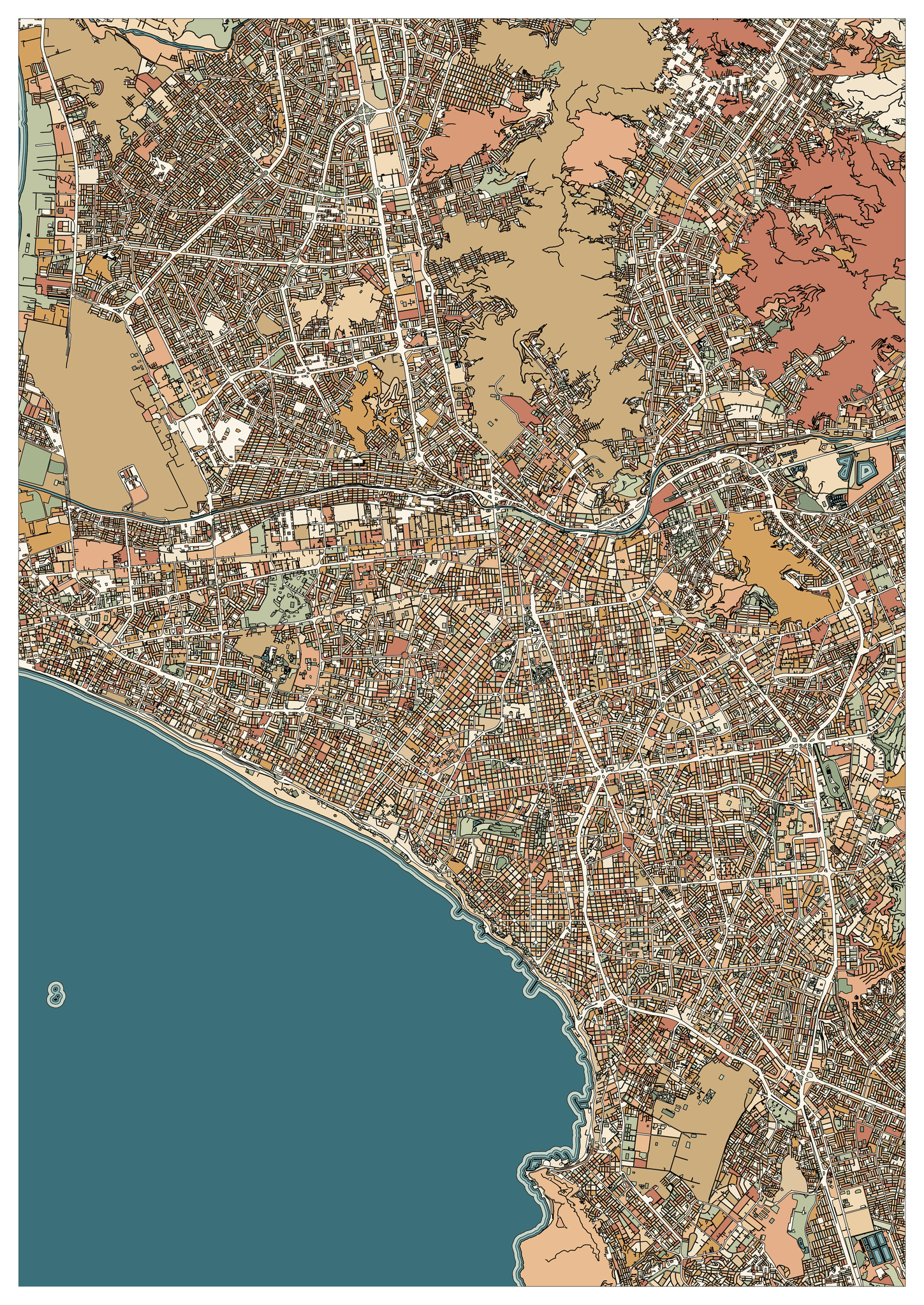 Colored example of a Lima map with a deep teal coastal bay, warm dense city blocks and pale roads leading inland.