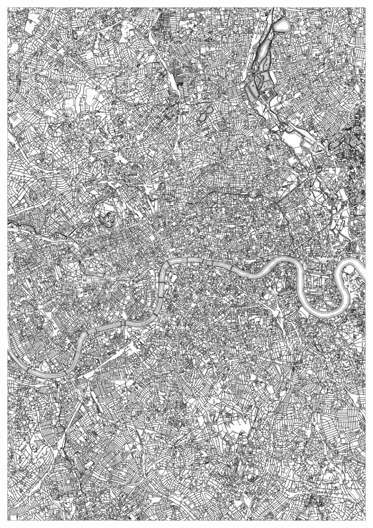 Black-and-white London map coloring page showing a very dense street network crossed by the looping River Thames, with a few larger open spaces amid the blocks.