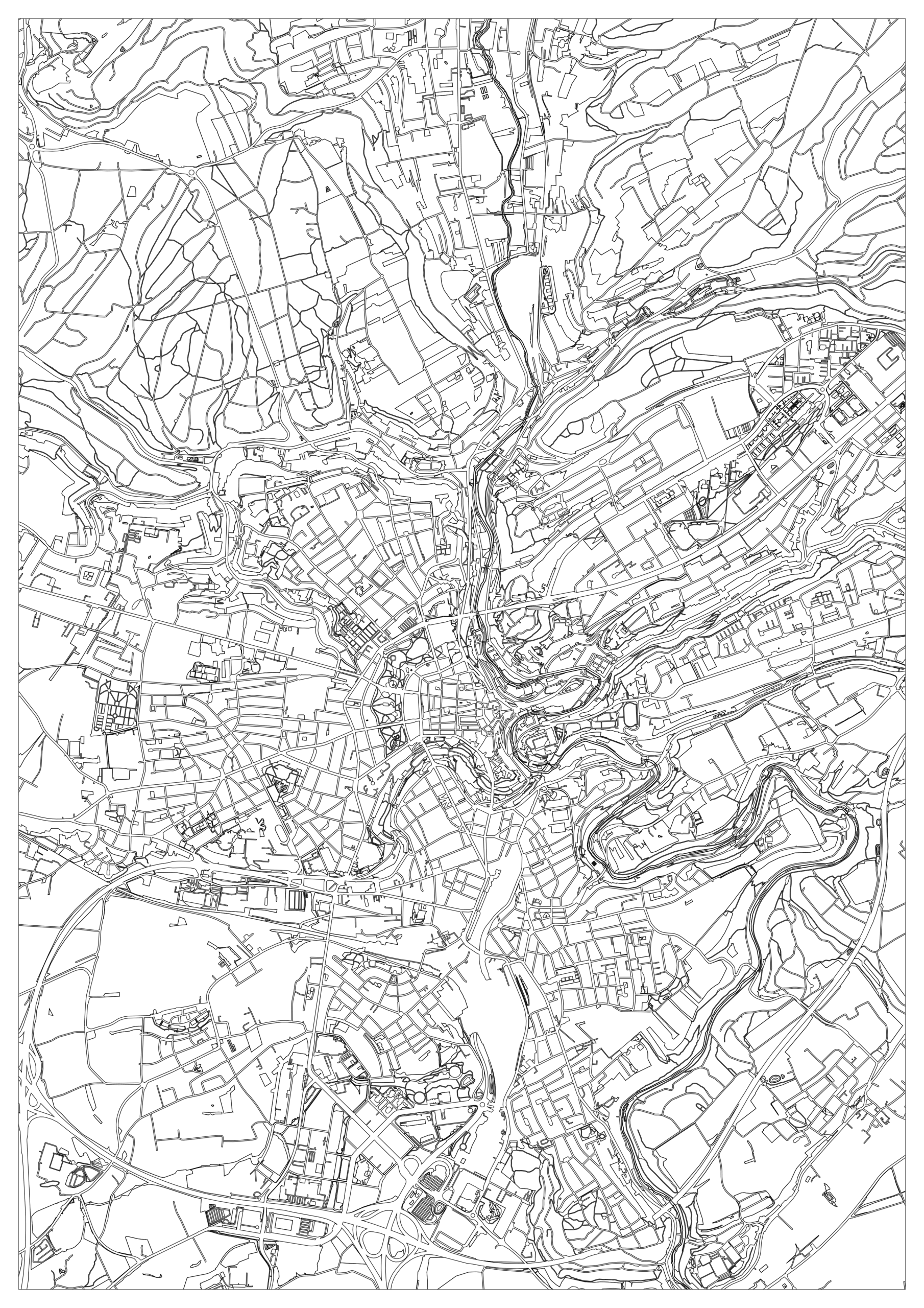 Black-and-white Luxembourg City map coloring page showing a compact urban center threaded through steep, branching valleys and contour-like hillside shapes, with winding roads and larger surrounding plots.