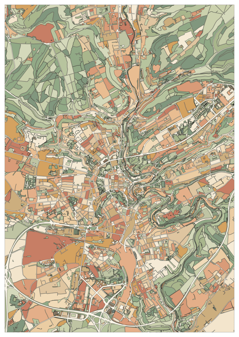 Colored example of a Luxembourg City map with green valley slopes, terracotta and ochre plots, and pale winding roads.