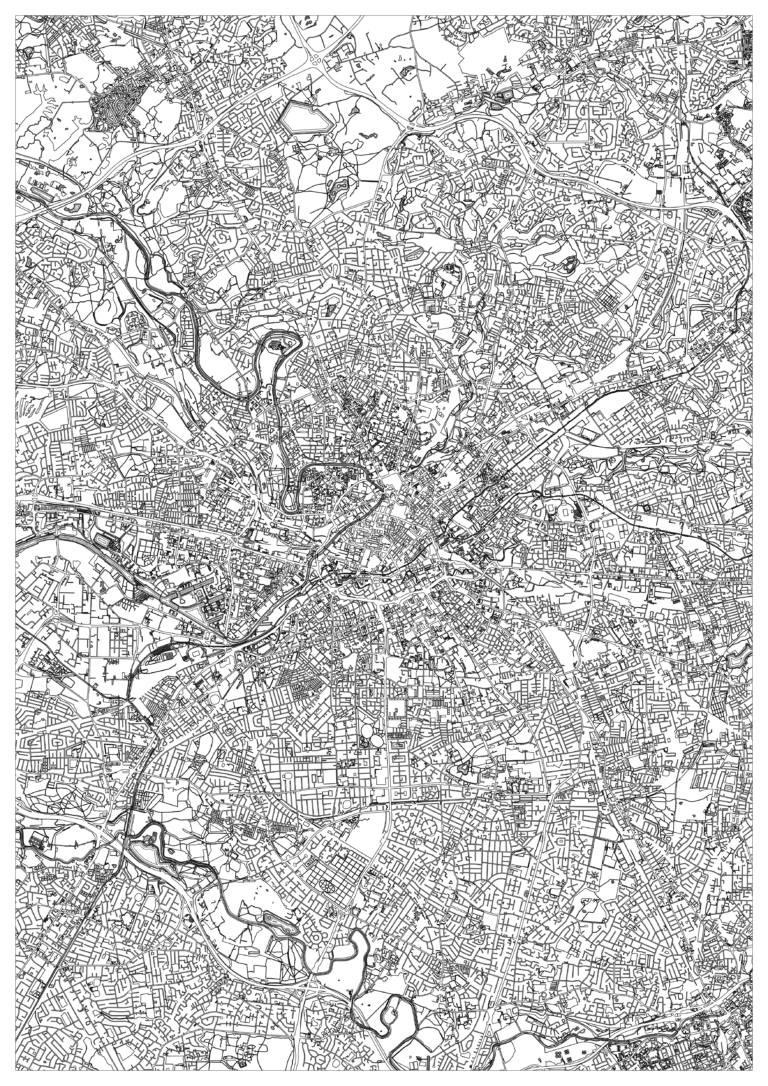 Black-and-white Manchester map coloring page showing a dense central street network surrounded by irregular neighborhoods, winding waterways and scattered large open spaces.