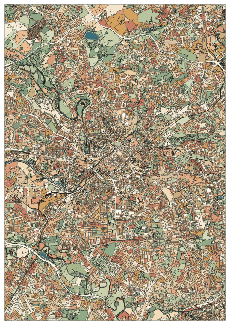 Colored example of a Manchester city map with green open spaces, blue-green waterways and warm brick and sand blocks.