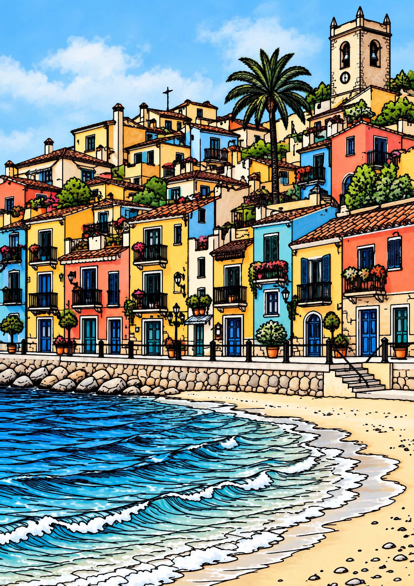 Colored Mediterranean town example with yellow, coral and blue houses, red roofs, green palms and a turquoise sea.