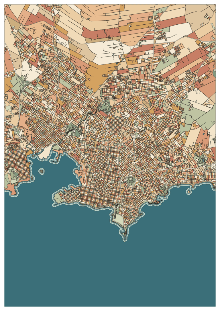 Colored example of a Montevideo map with a wide deep-teal bay, a curved city shoreline and peach and ochre blocks.
