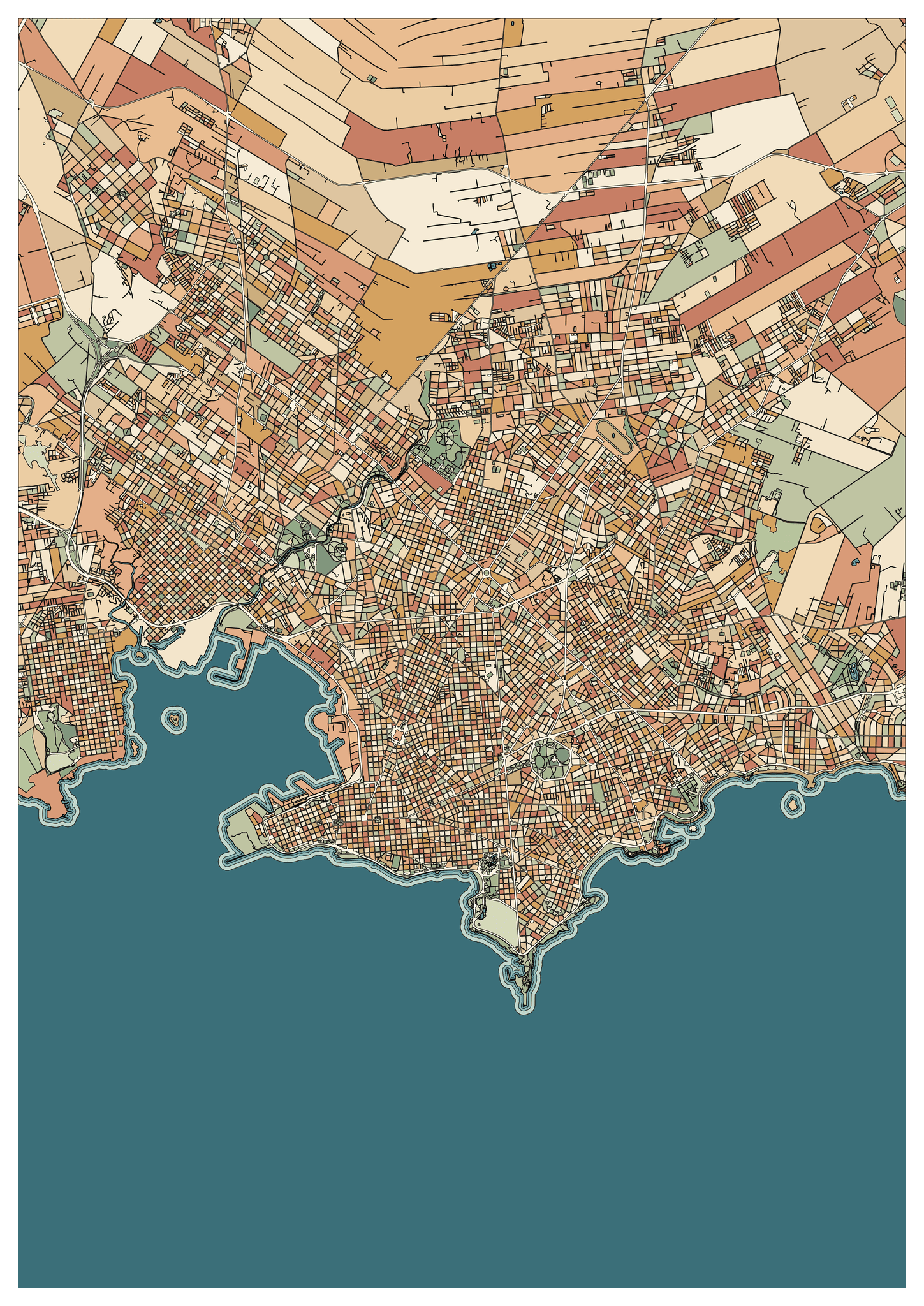 Colored example of a Montevideo map with a wide deep-teal bay, a curved city shoreline and peach and ochre blocks.
