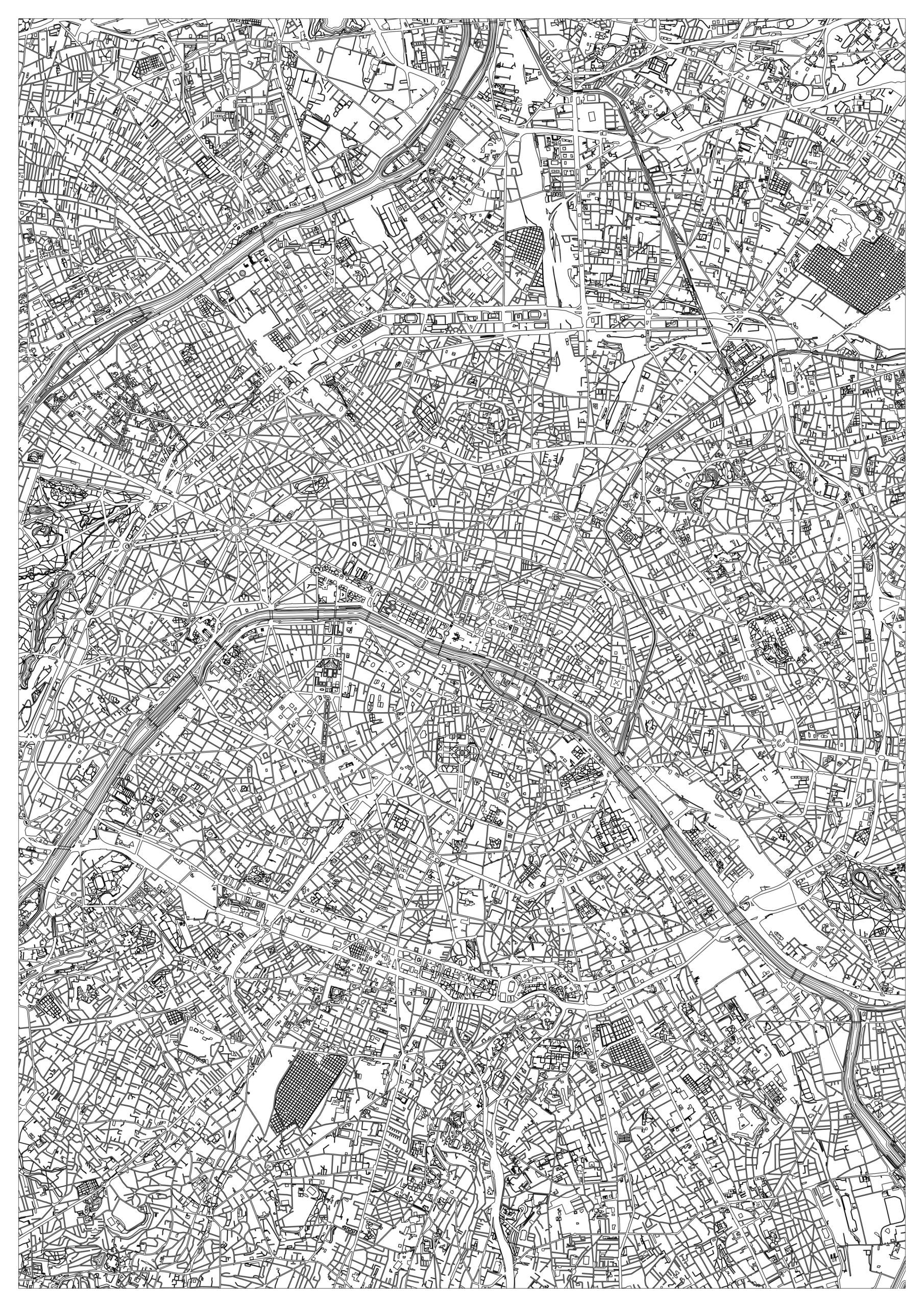 Black-and-white Paris map coloring page showing dense blocks and radiating avenues around a curving river, with bridges and several larger park-like shapes.