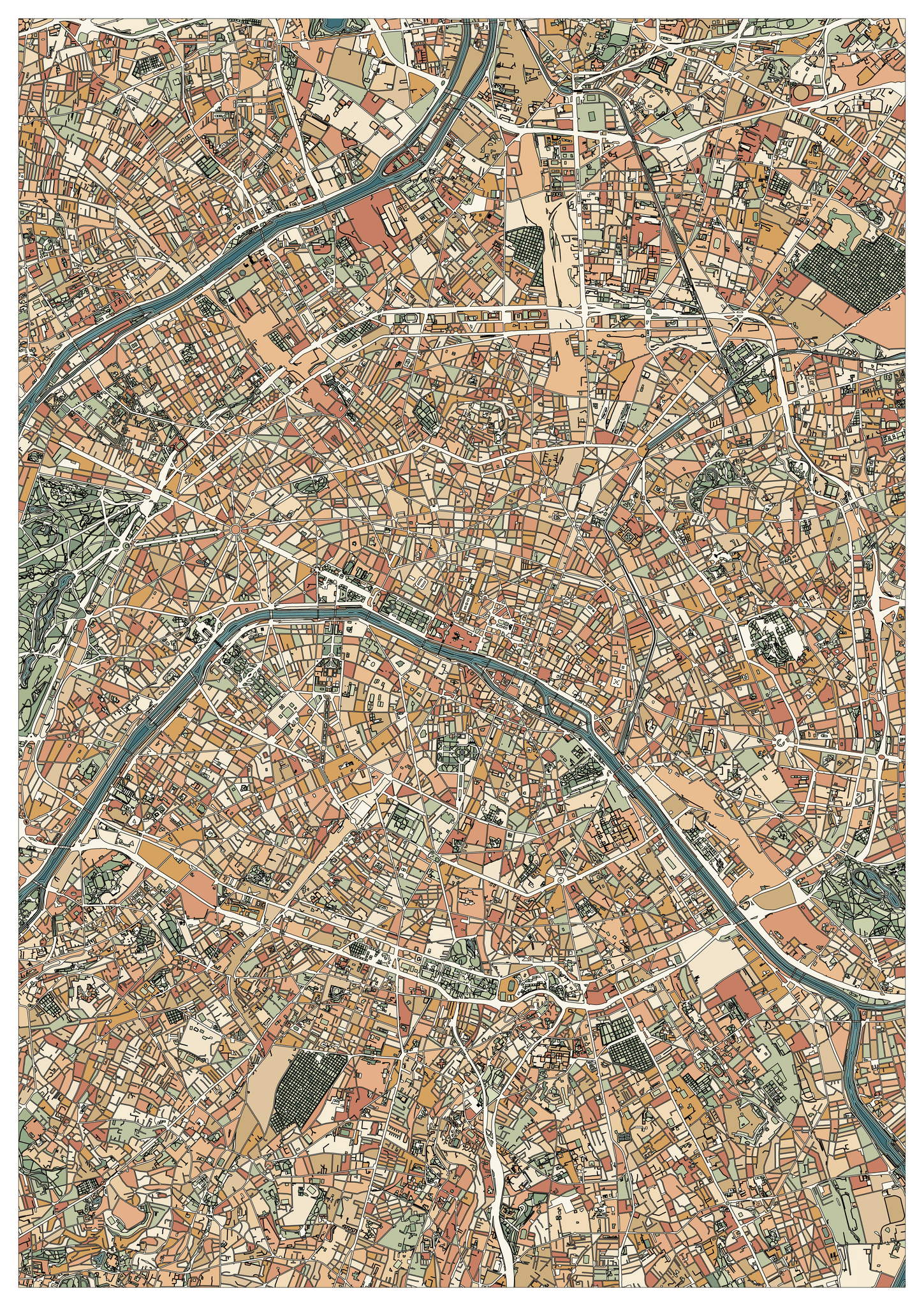 Colored example of a Paris city map with the Seine in blue-green, sage green open spaces and peach and terracotta blocks.