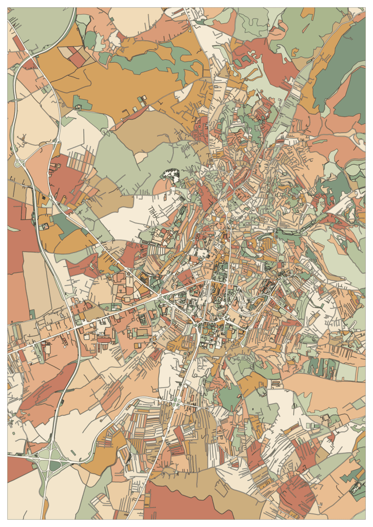 Colored example of a Pristina map in ochre, salmon, rust and sage green, with pale roads crossing a compact center.