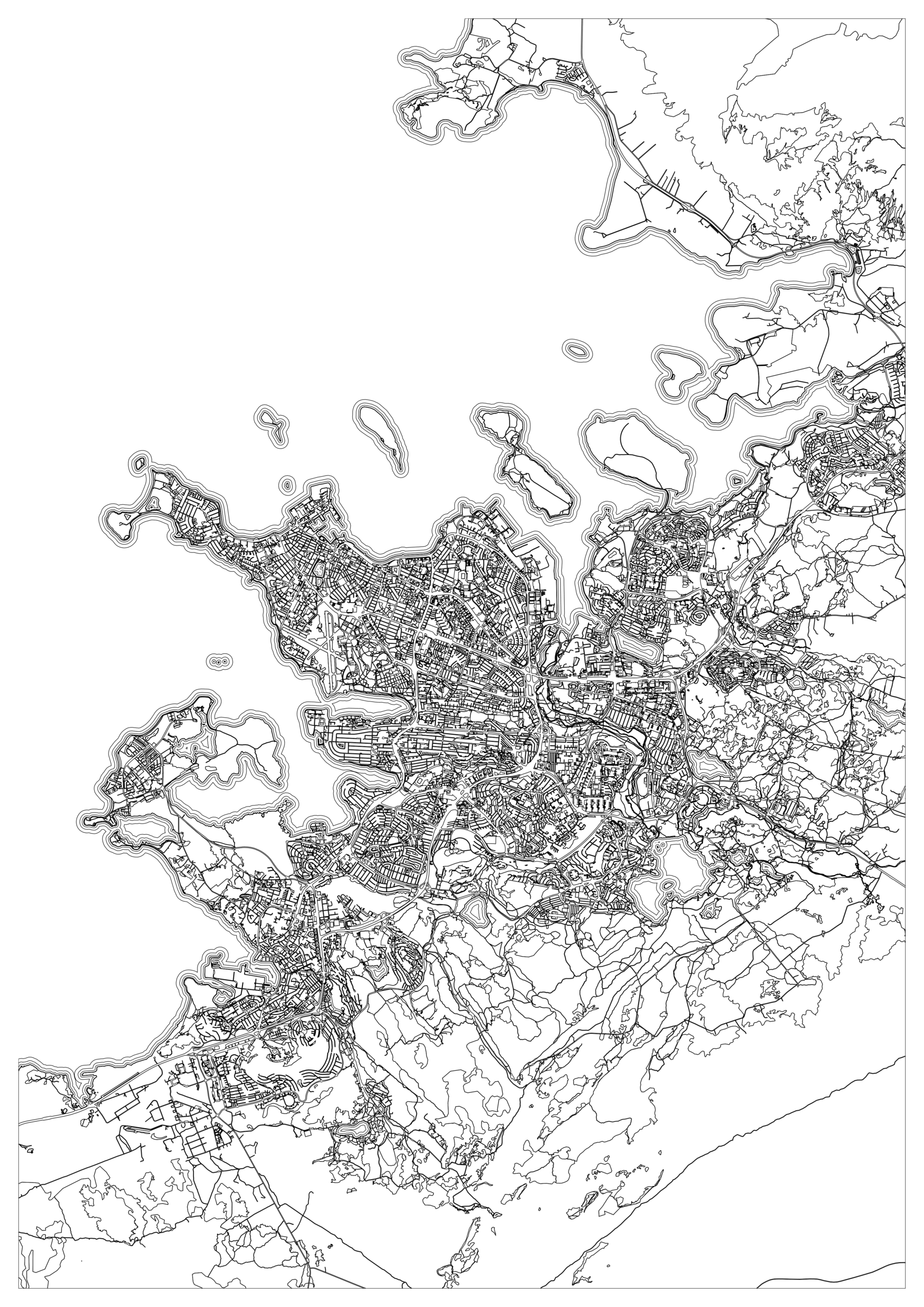 Black-and-white Reykjavik map coloring page showing an intricate coastal settlement beside a large open bay, with small islands, inlets and branching land shapes around it.