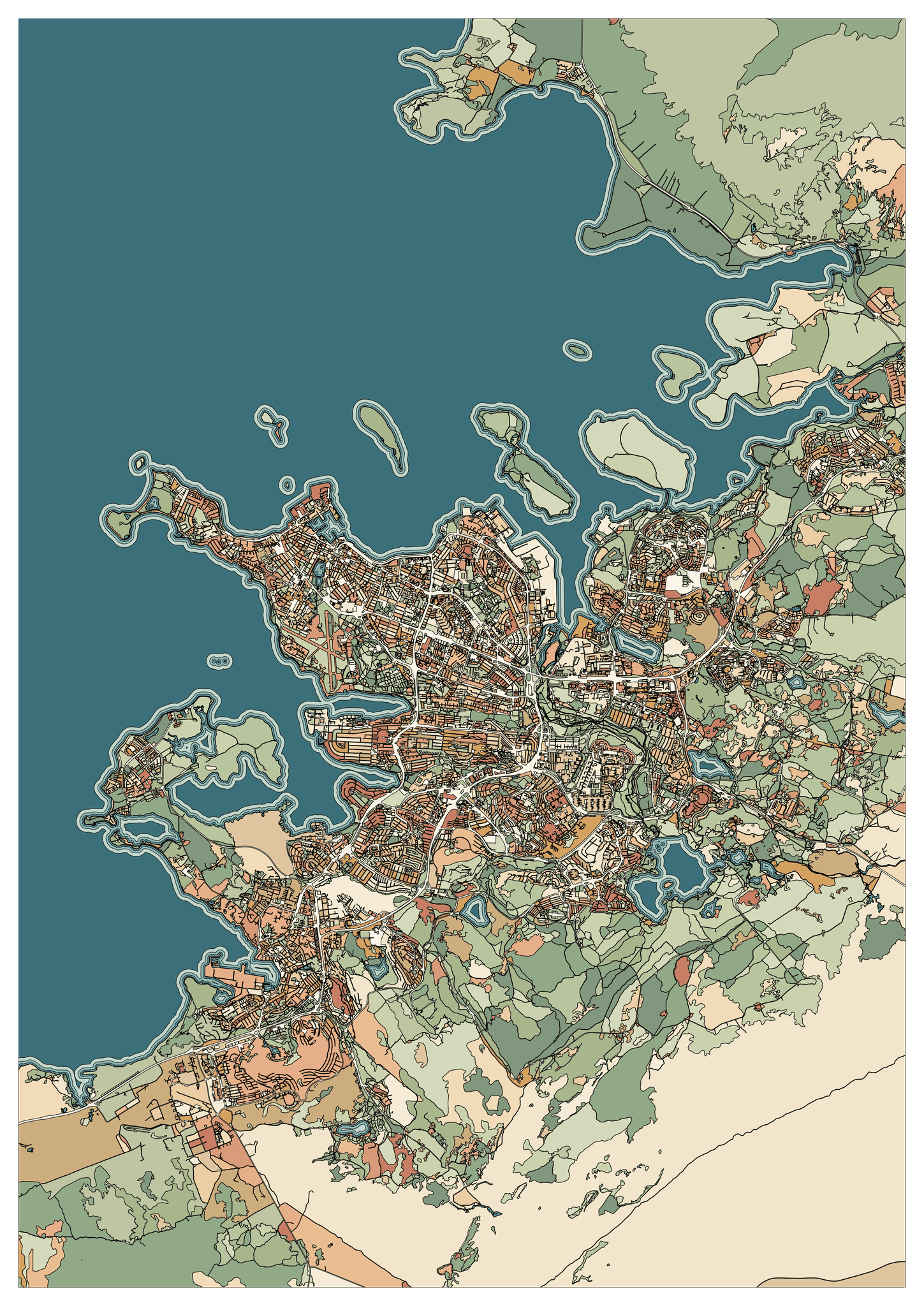 Colored example of a Reykjavik coastal map with a broad deep-teal bay, small islands and green and sandy land.