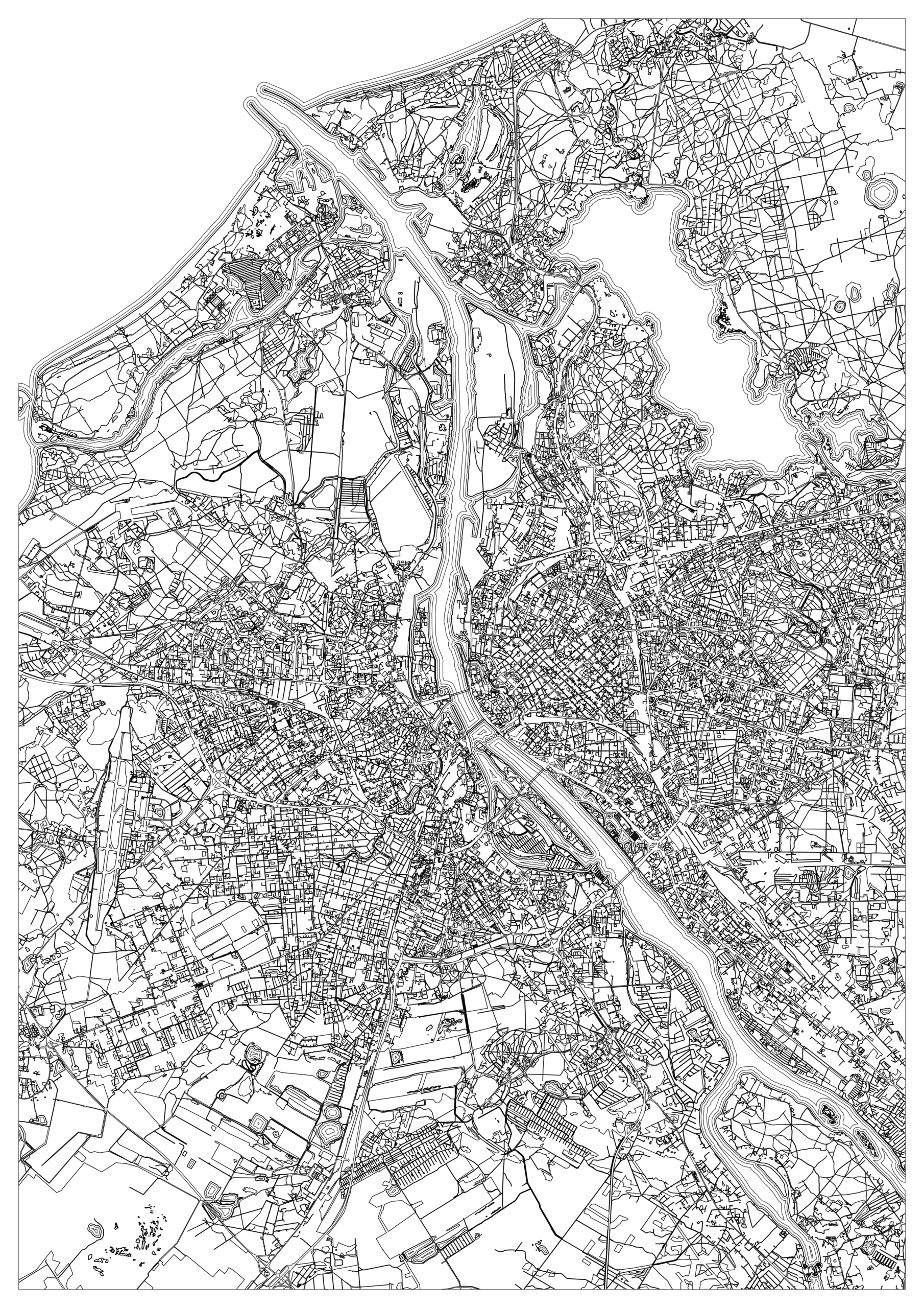 Black-and-white Riga map coloring page showing a broad river and branching channels flowing past a dense city, with large water areas and a patchwork of open land near the top.