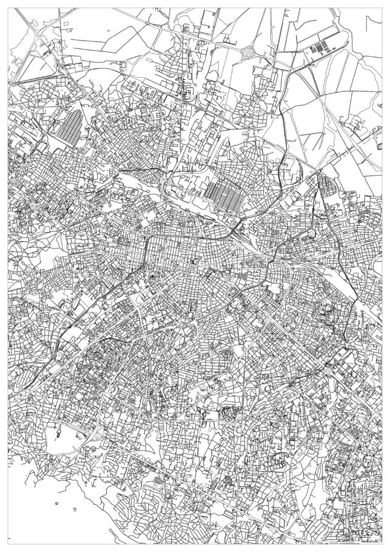 Black-and-white Sofia map coloring page showing a tightly woven urban center with long diagonal roads, larger open plots and irregular land shapes at the outer edges.
