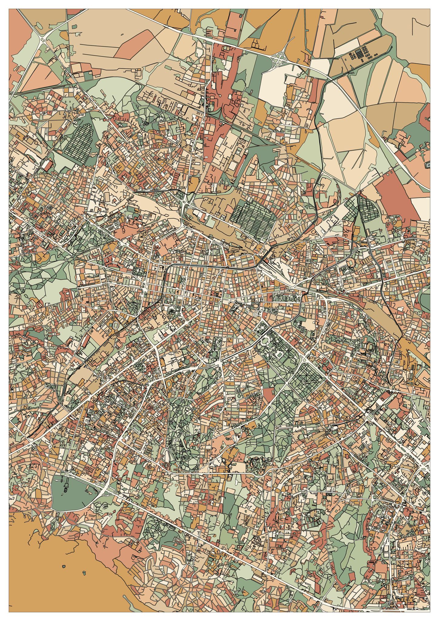 Colored example of a Sofia city map with pale avenues, sage green open areas and a dense center in warm ochre and rust.