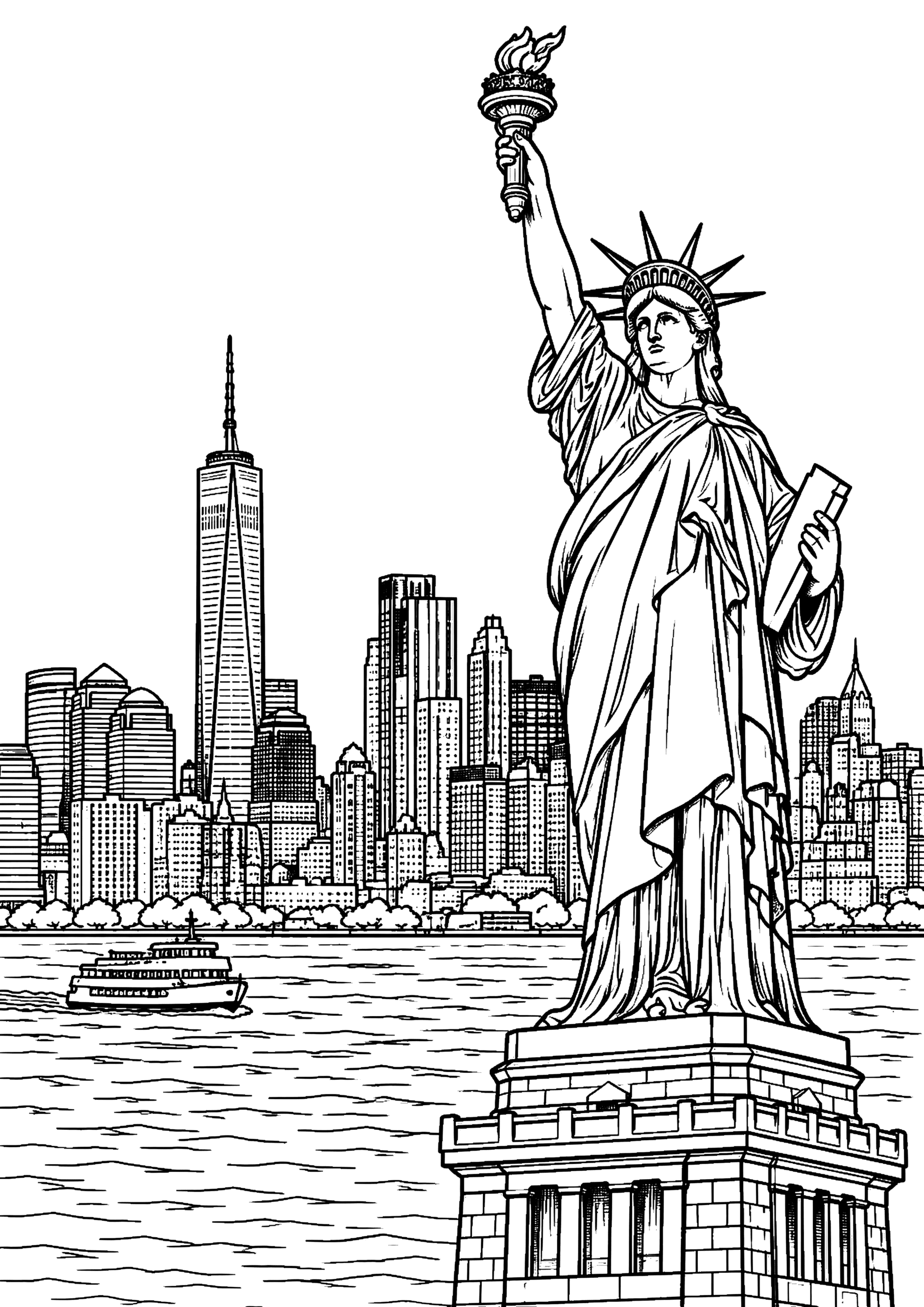 Black-and-white Statue of Liberty harbor coloring page with torch, tablet, ferry, water and the Lower Manhattan skyline.
