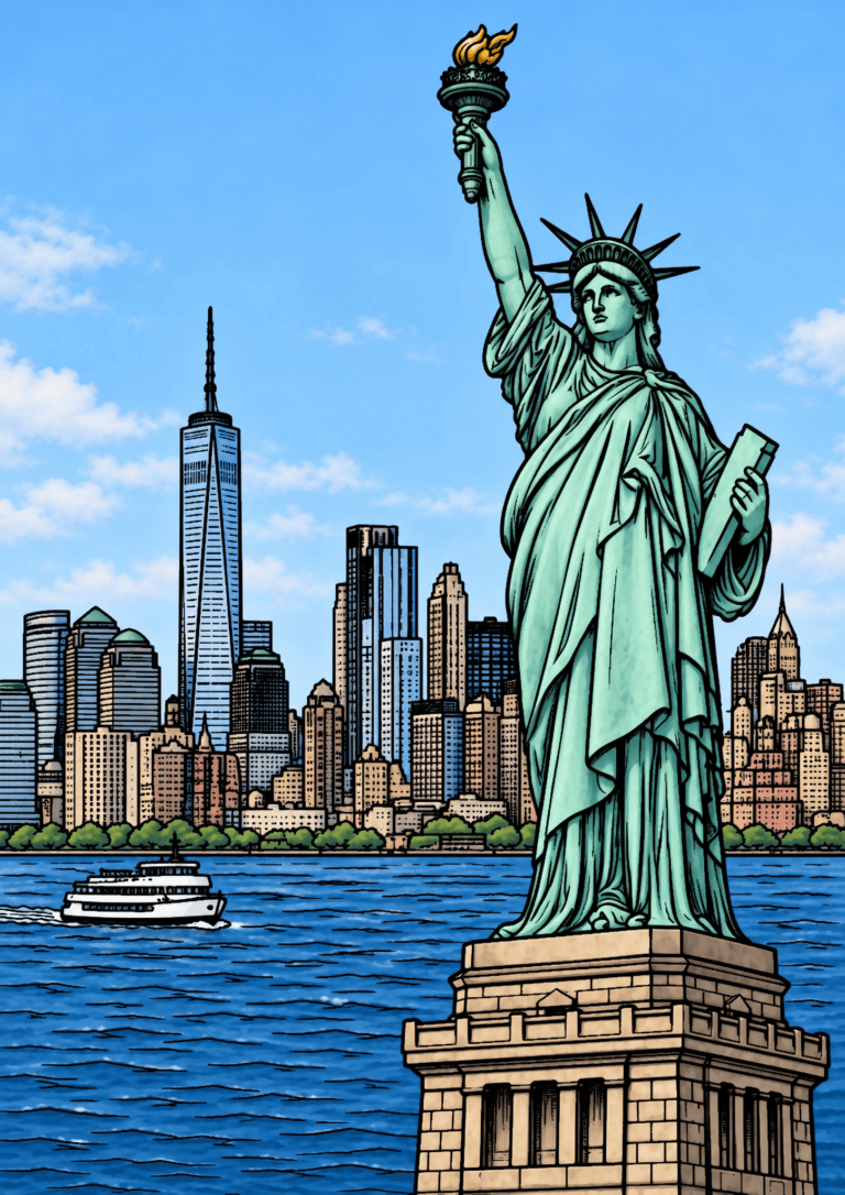 Colored Statue of Liberty harbor example with a green-blue statue, gold flame, blue water and a softly colored New York skyline.