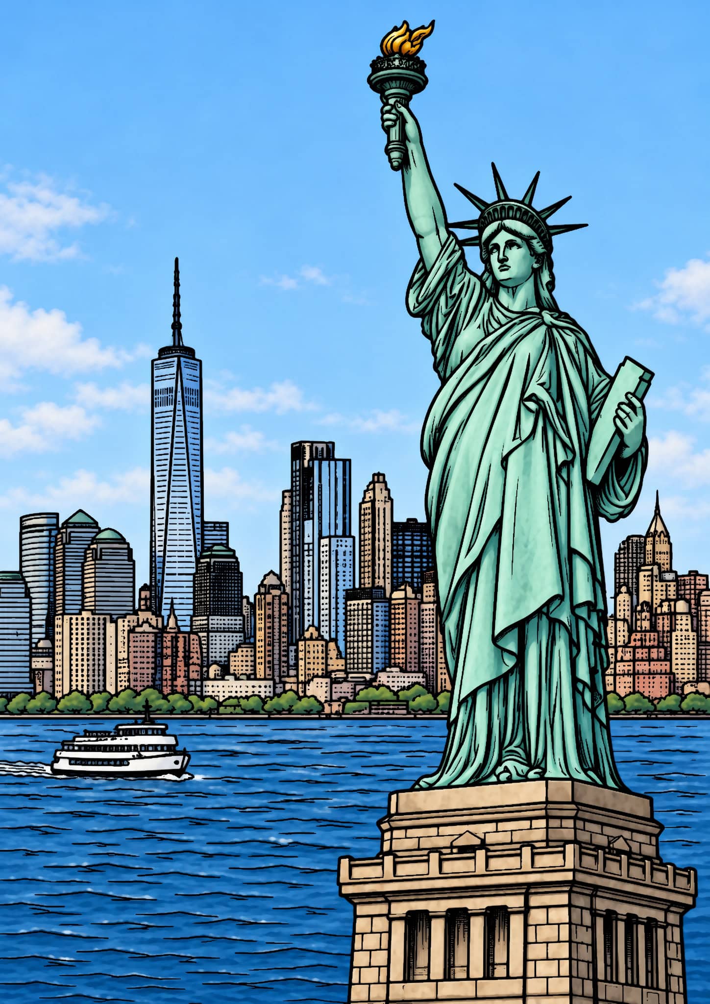 Colored Statue of Liberty harbor example with a green-blue statue, gold flame, blue water and a softly colored New York skyline.