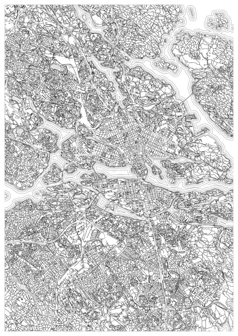 Black-and-white Stockholm map coloring page showing islands and peninsulas divided by winding waterways, with a dense central grid, bridges and scattered green spaces.