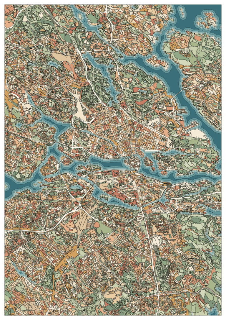 Colored example of a Stockholm island map with blue-teal waterways, sage green spaces and warm peach and ochre blocks.