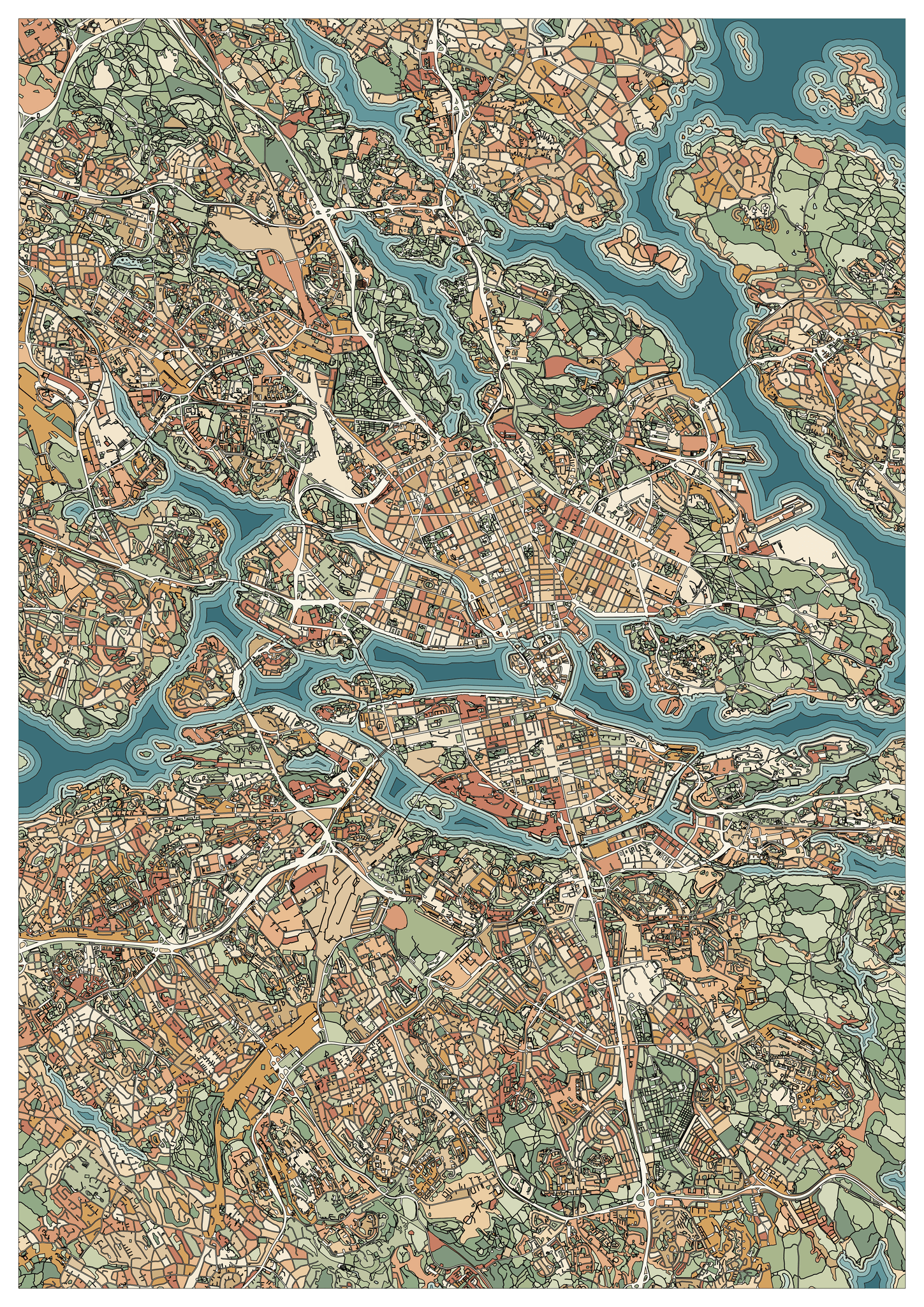 Colored example of a Stockholm island map with blue-teal waterways, sage green spaces and warm peach and ochre blocks.