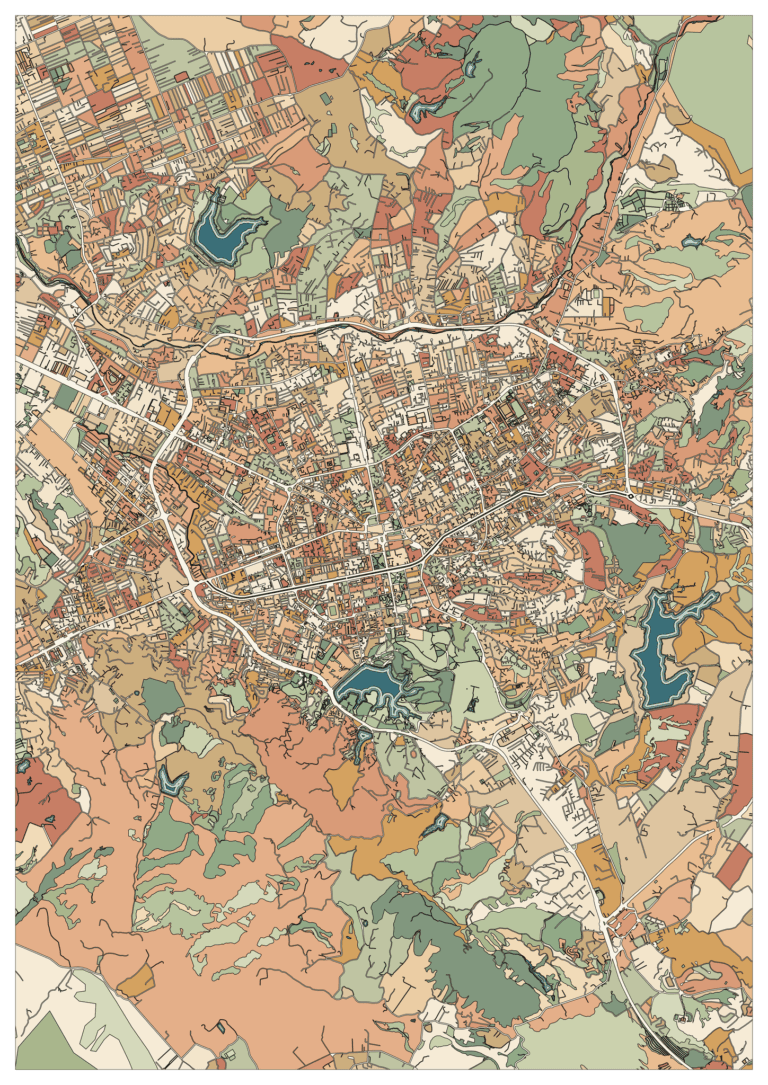 Colored example of a Tirana map with green contoured land, small blue-green lakes and a warm-toned city center.
