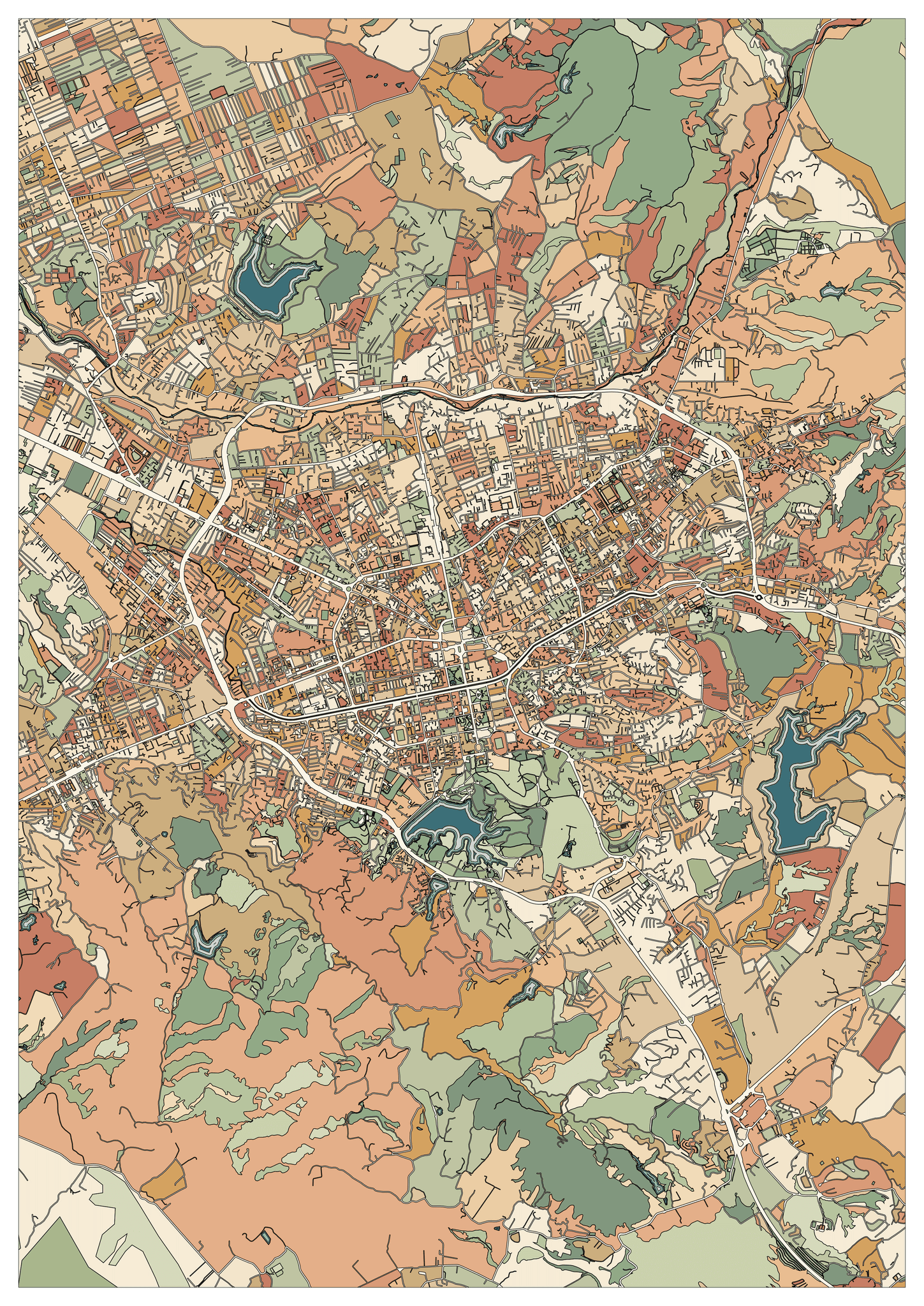 Colored example of a Tirana map with green contoured land, small blue-green lakes and a warm-toned city center.