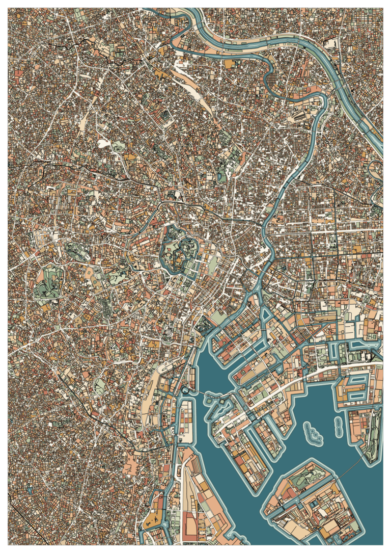 Colored example of a Tokyo city map with a deep-teal harbor, angular docks and intricate warm-colored street blocks.