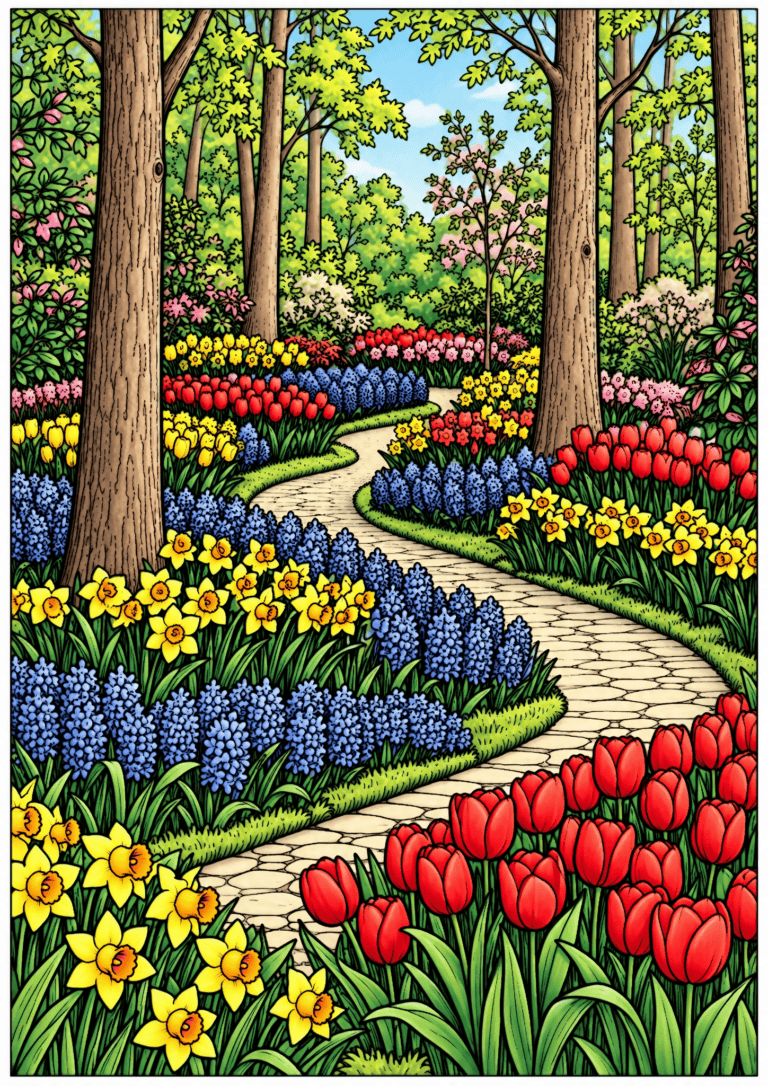 Colored garden path example with red tulips, yellow daffodils, blue grape hyacinths, green trees and a sandy path.