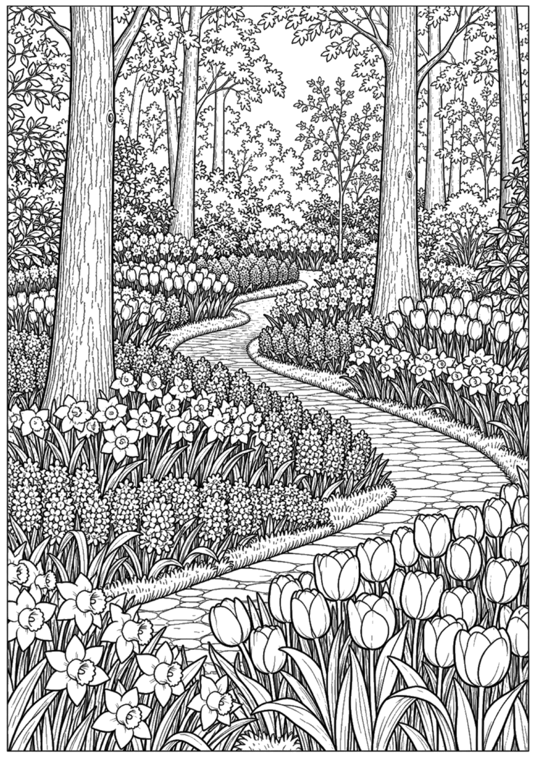 Black-and-white spring garden path coloring page with tulips, daffodils, grape hyacinths, trees and a winding walkway.