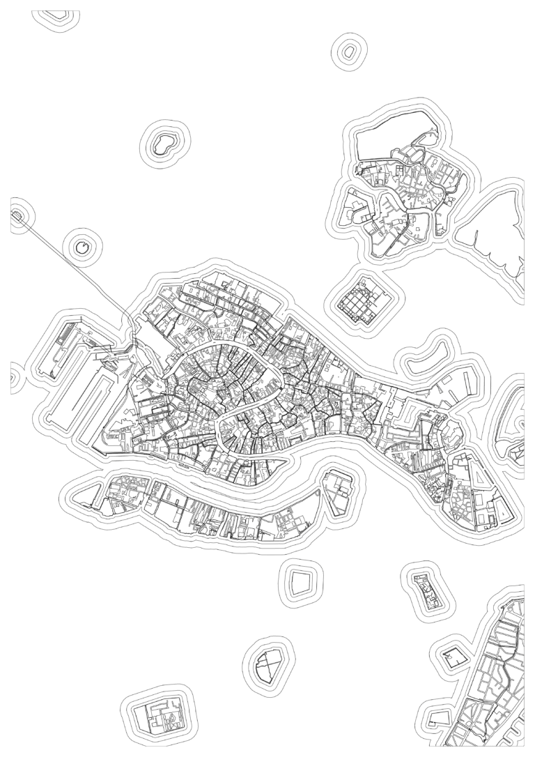 Black-and-white Venice map coloring page showing a stylized cluster of islands with a looping canal, compact street blocks, small outlying islets and broad surrounding water.
