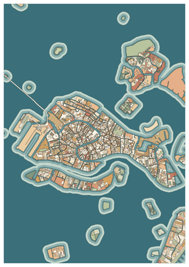 Colored example of a stylized Venice island map with a deep-teal lagoon, lighter canals and peach and brick blocks.